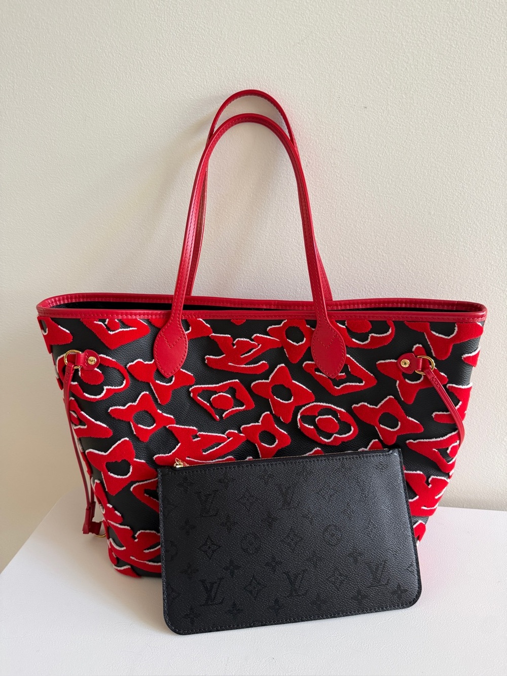 LOUIS VUITTON X Urs Fischer Red/Black Tufted Monogram Neverfull MM Bag